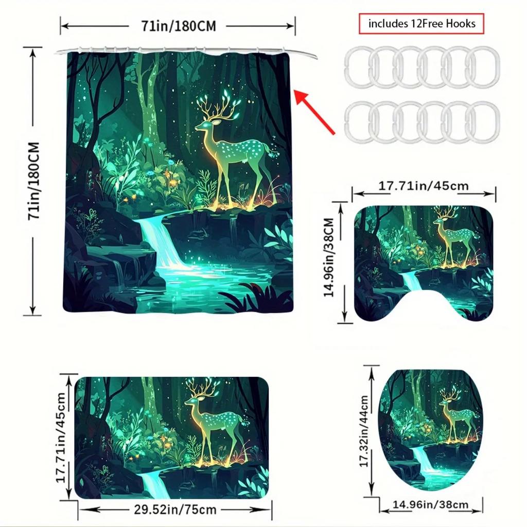 4pcs Enchanting Forest Deer High Quality Shower Curtain and Non-Slip Bath Mat Set - Elegant and Stylish Bathroom Decor Exqu