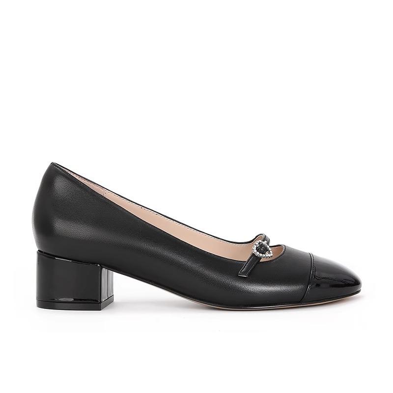 Sheepskin Version~ Color Matching Small Love Diamond Buckle Belt Leather Shoes Thick Heel Mary Jane Shoes Women's Single Shoes Commuting