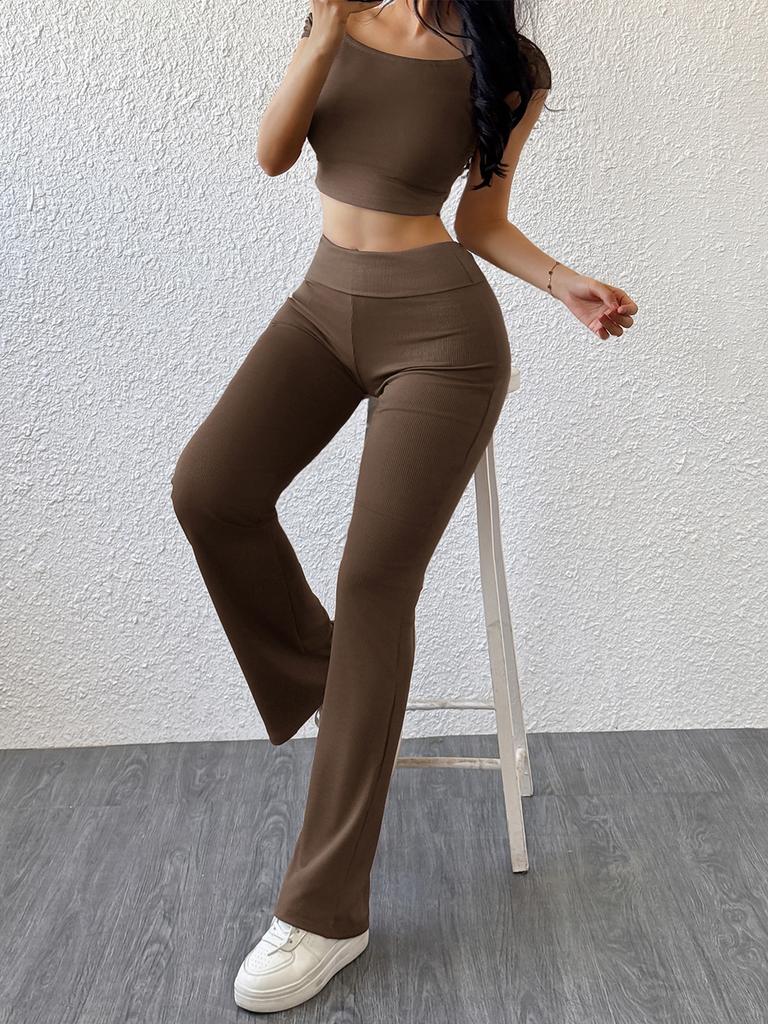 Women Y2K Solid Color Crop Top Long Pants Set Slim Sexy Casual Sportswear Summer