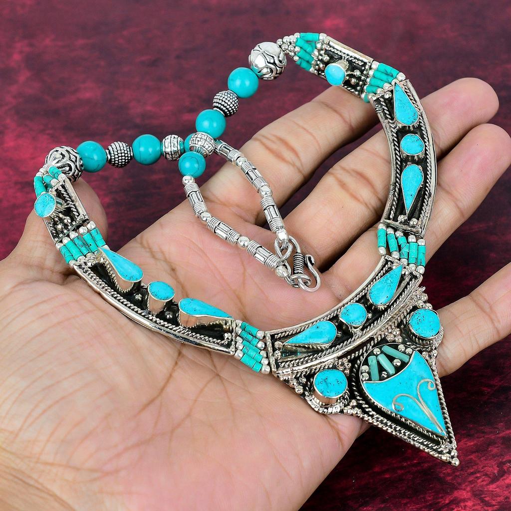 Blå turkis håndlaget edelstenskjede, 925 solid sterlingsølv antikke smykker justerbart kjedekjede, for forlovelsesgave