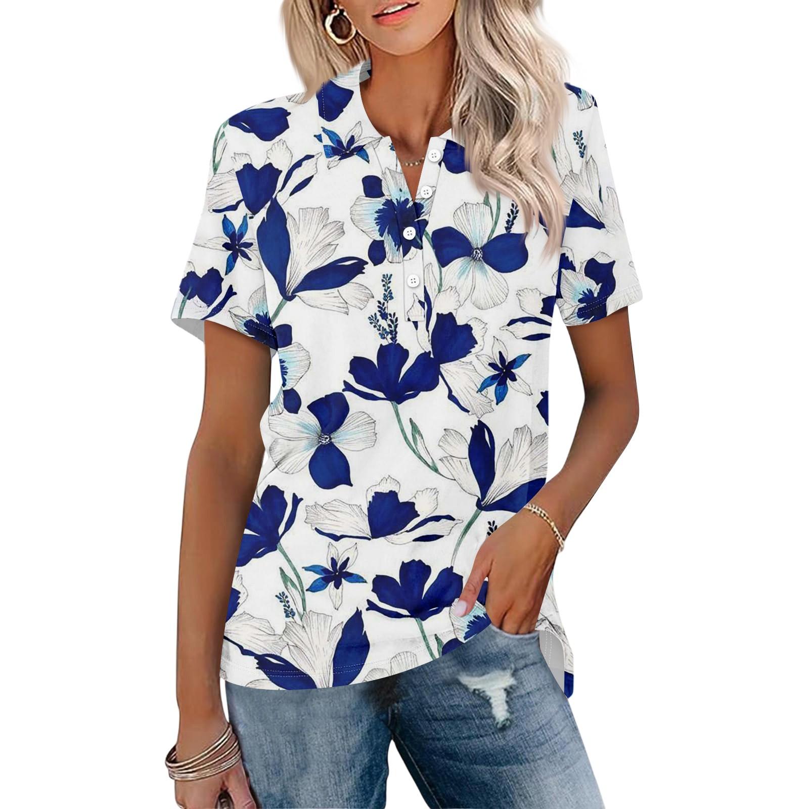 Women s Fashion Lapel Short Sleeve Printed Button Top L