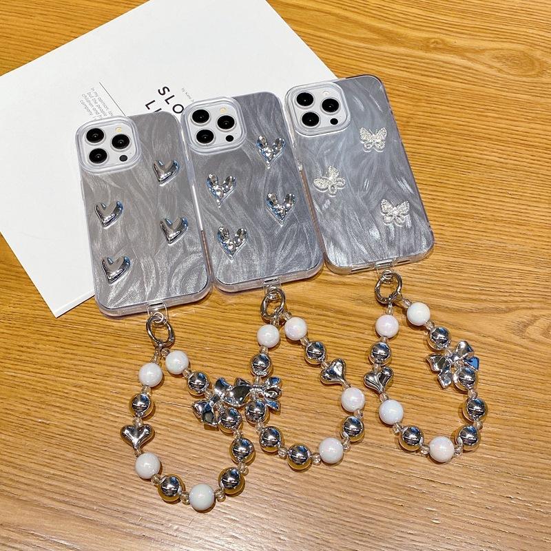 Three-dimensional pleated love is suitable for Samsung A55 mobile phone case, large hole IMD feather yarn S24Ultra premium silver bracelet.