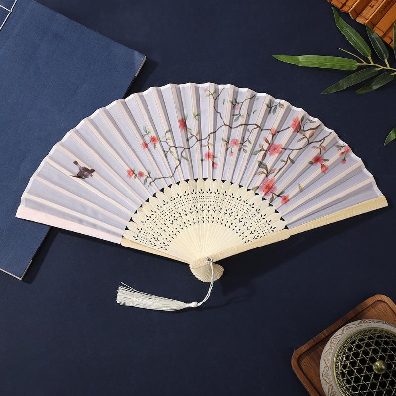 Tragbarer Handfächer Neuer Chinesischer Stil Tanzrequisiten Retro Muschelfächer Frau Männer Bambus Holz Seidenblume Faltfächer