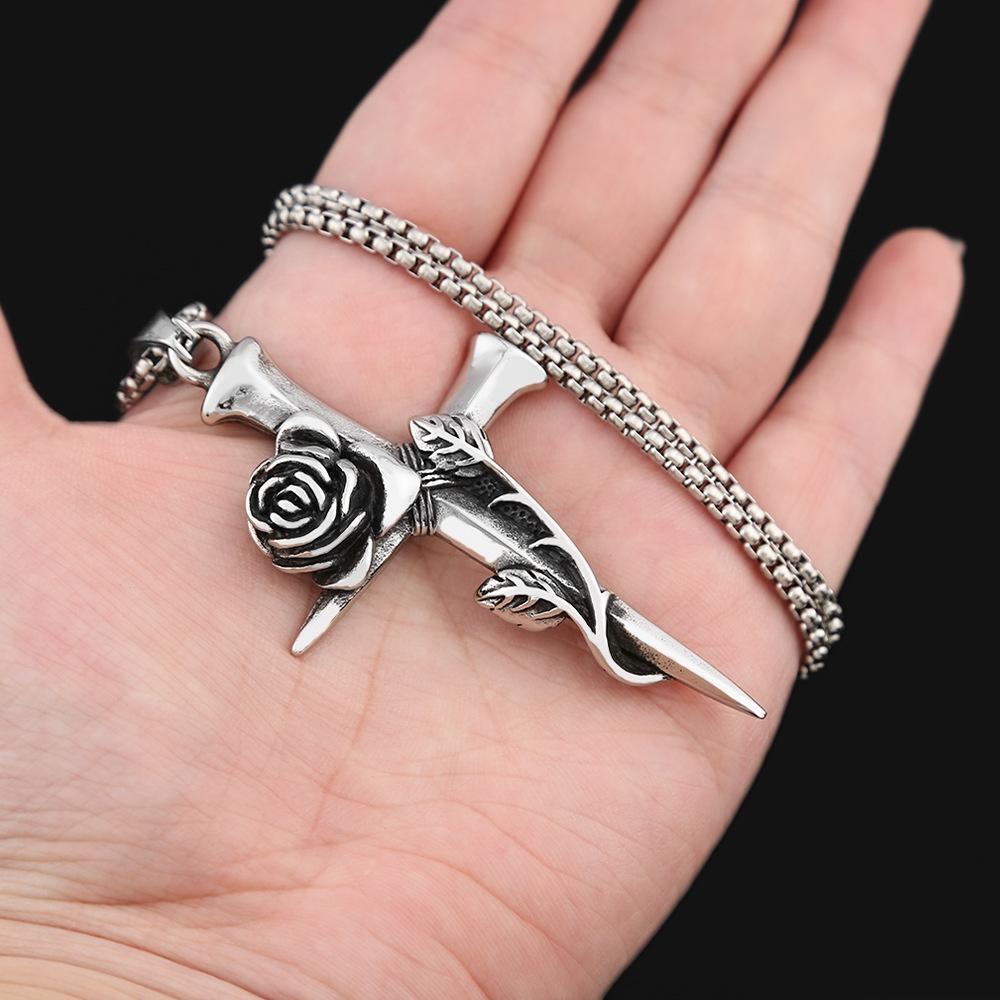 Explosive and Versatile Retro Niche Rose Cross Pendant Necklace