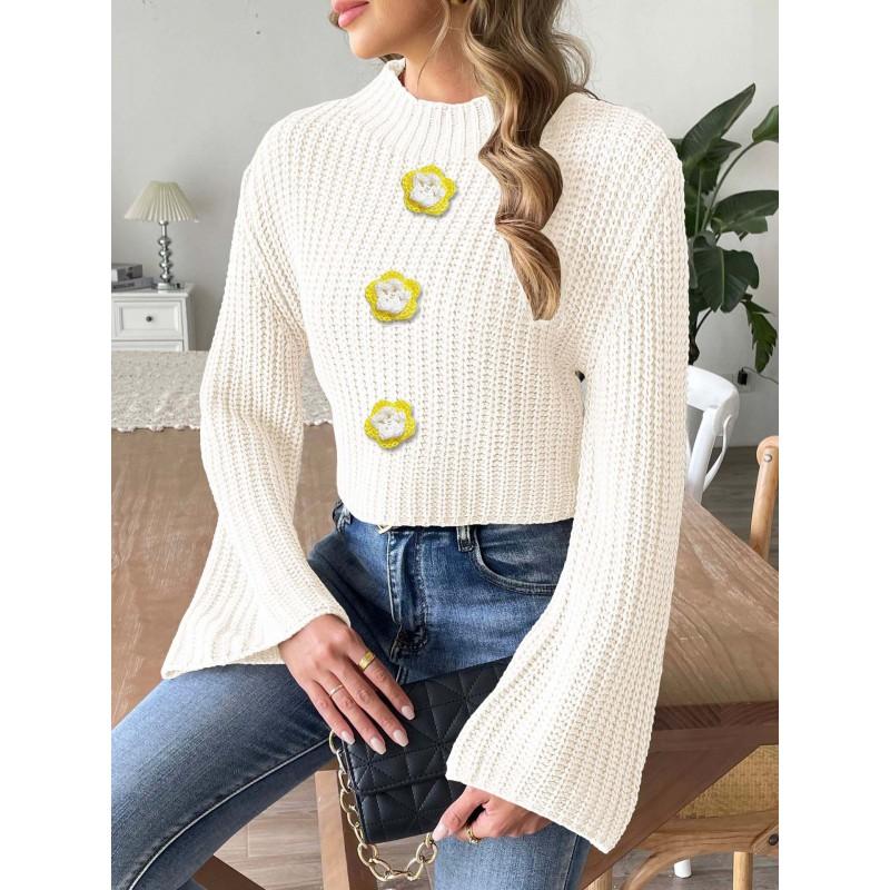 Womens Cropped Hand Crochet Sweater Floral Beaded Mock Neck Long Sleeve Streetwear