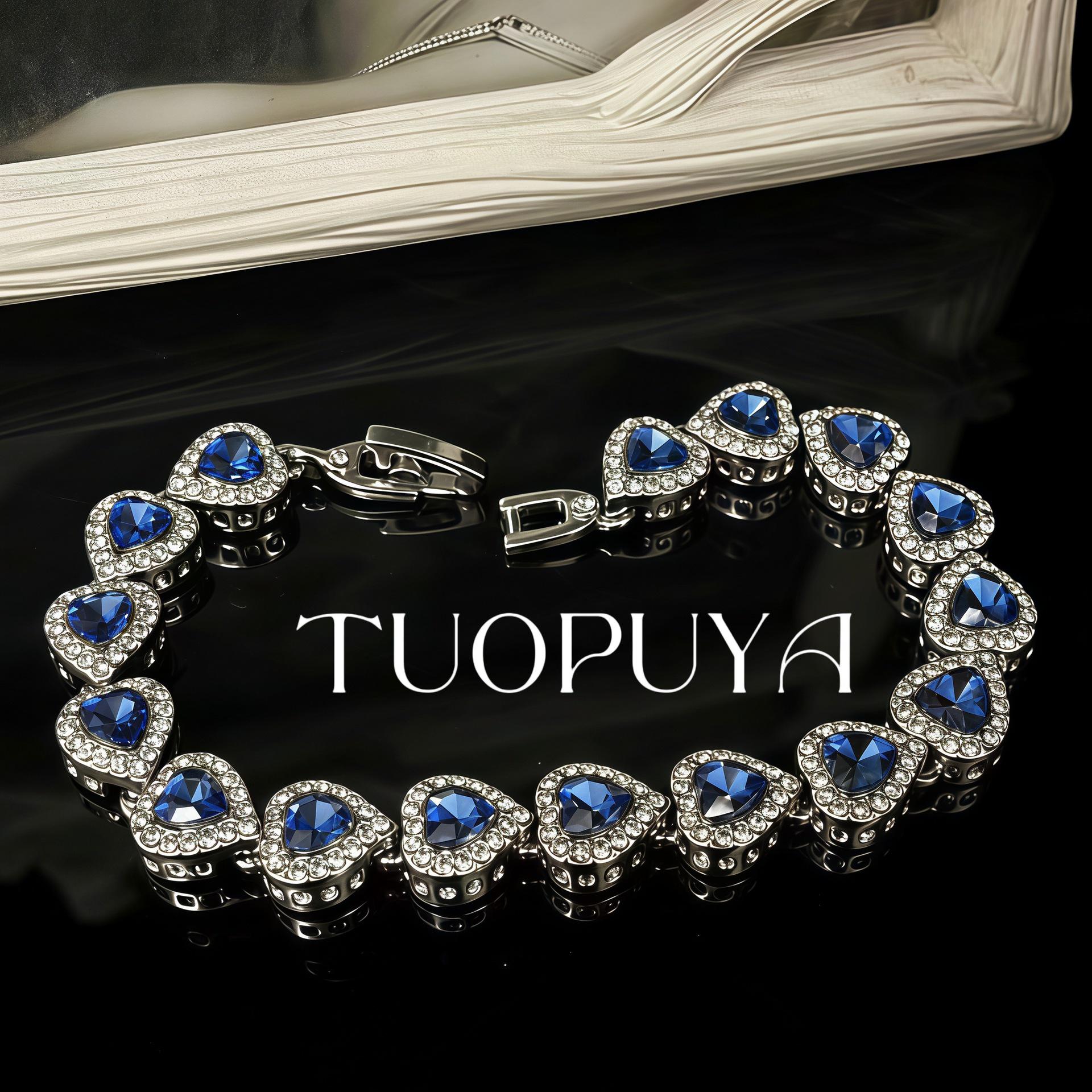 High-End Blue Heart Zircon Diamond Bracelet - Light Luxury, Niche Design, Elegant Inlaid Diamond Hand Jewelry
