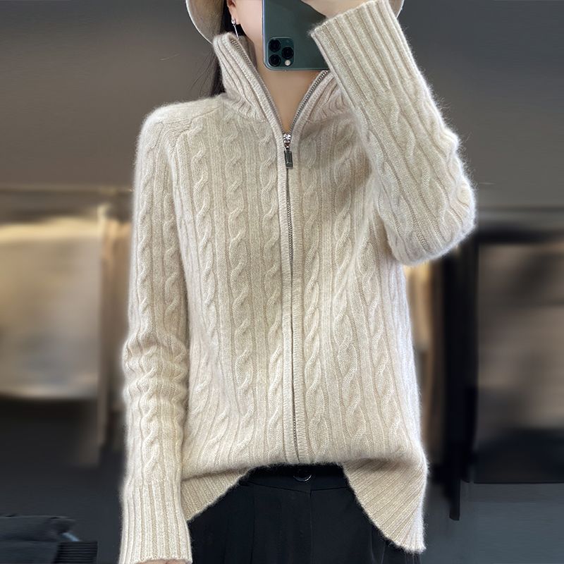 Autumn Winter Women's Stand Collar Cardigan Sweater Zipper Cable Knit Sweater Loose Solid Color Knitted Cardigan Jacket Outerwear