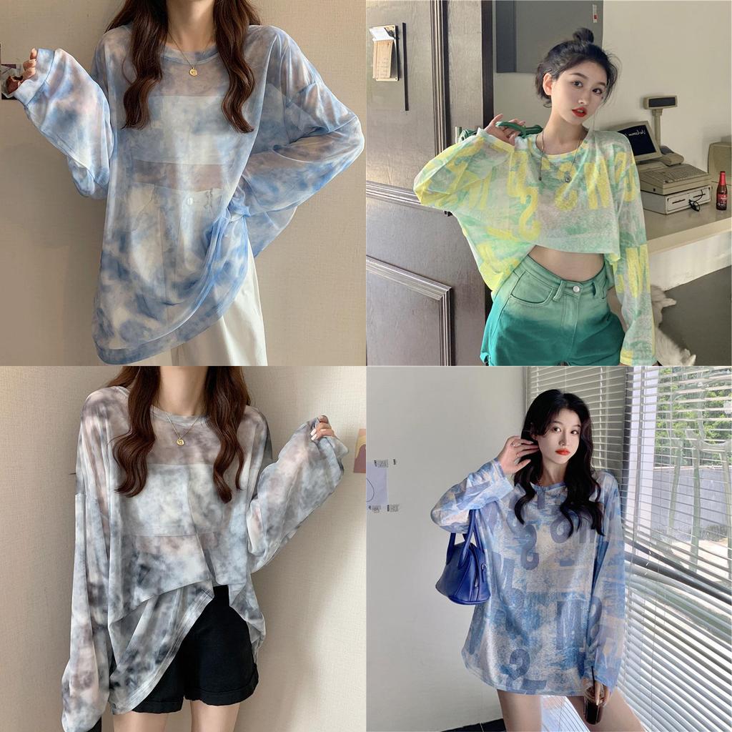 Summer Girl Ice Silk T Shirt With Gradient Dye Long Sleeve Lightweight For Casual Wear