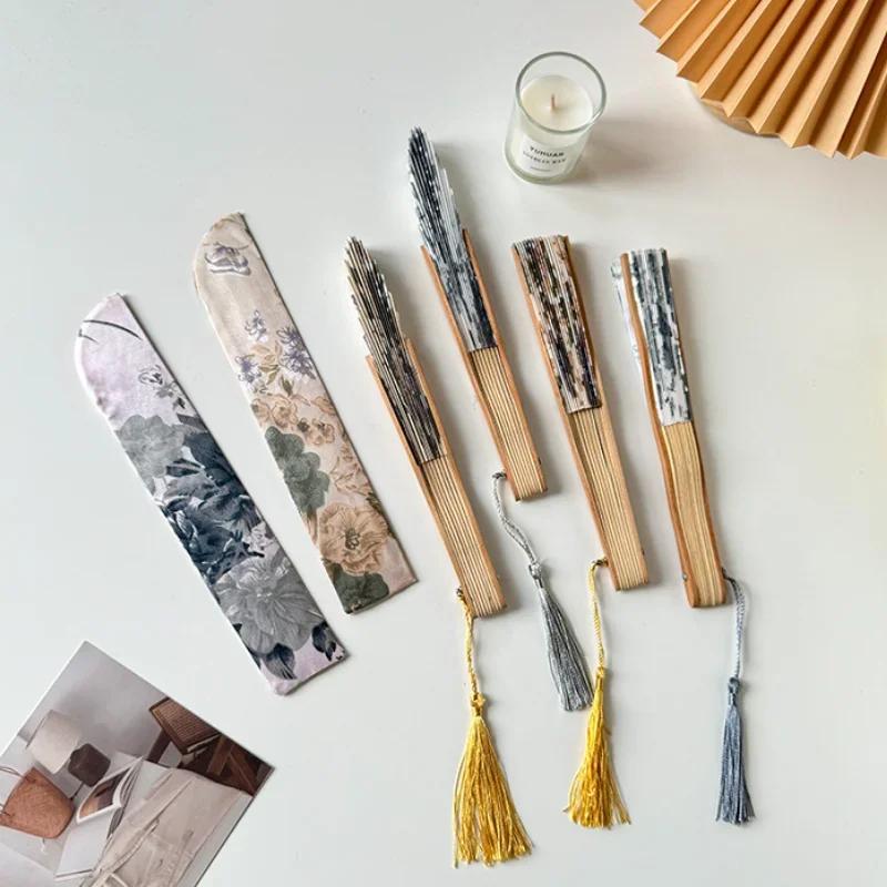 Chinese Retro Flower Ink Painting Style Pattern Women Silk-cloth Folding Fan Traditional Art Curved Bone Dance Fan with Tassel
