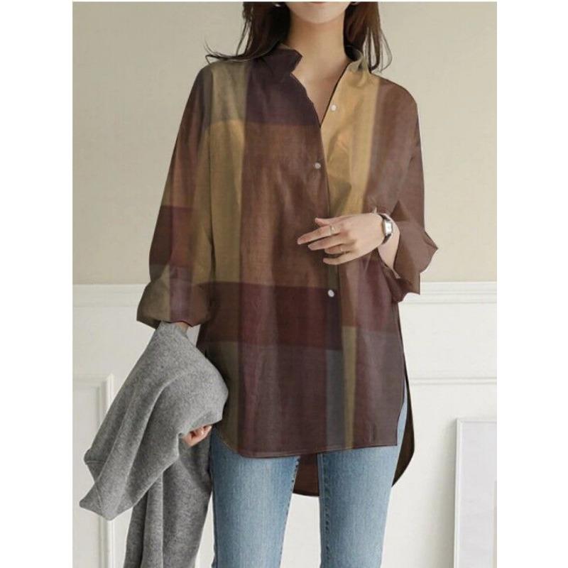 Women Floral Print Shirt Stand Collar 3/4 Sleeve Button Down Loose Tunic Top S жёлтый