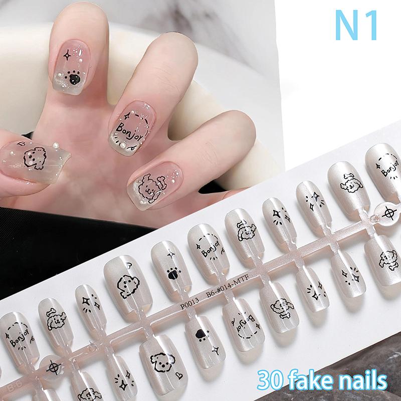 

30Pcs Cartoon Pre-Made French False Nails Scarless Coffin Almond Fake Nail Artificial Fingernails Press On Nails For Nail Extens