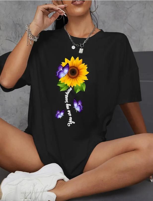 Fashion Women Simplified Sunflower Letter Splicing Print T Shirt Funny Casual O-neck Short Sleeves T-shirt Summer Female Tee Shirt