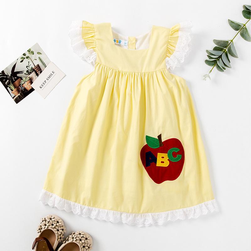 Girls Summer Cotton Flutter Sleeve Princess Dress Cute Apple Embroidery Ruffle Hem Casual Party Dress For Kids 80cm