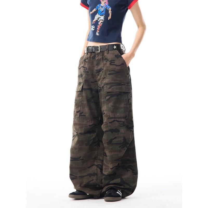 Vintage Camo Cargo Jeans Women Loose Straight Leg Casual Wide Pants Streetwear