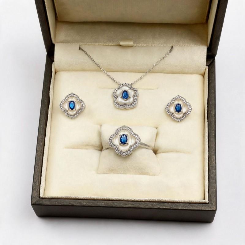 Elegant Clover White Mother-of-Pearl Pendant Set With Simulated Sapphire Oval Charm Copper Alloy Jewelry Trio Women
