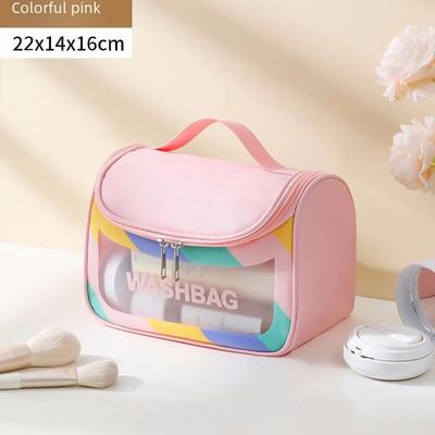 Borsa per Trucco Portatile Trasparente Impermeabile di Grande Capacità Borsa a Mano in PU Borsa per Cosmetici Superficie Morbida Patta di Copertura a Conchiglia
