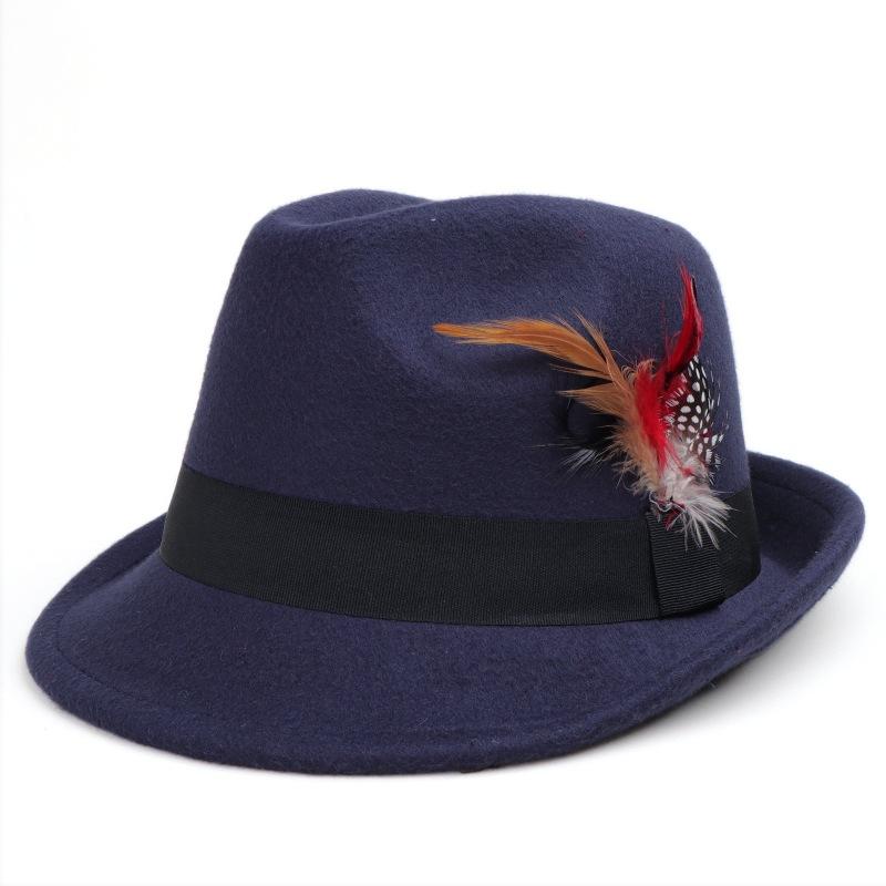 Vintage Jazz Feather Fedora Hat for Men Women Fashion Wide Brim Wool Felt Panama Trilby Cap