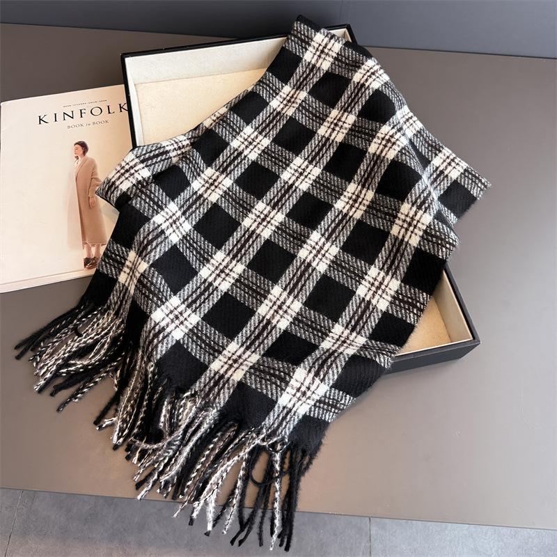 Korea Styles Luxury Stripe Winter Women Scarf Imitation Cashmere Blanket Thick Warm Pashmina Shawl Wraps Tassel Echarpe