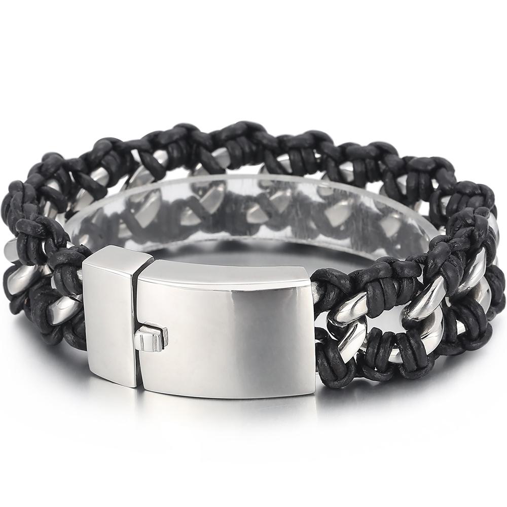 

Мужской браслет-цепочка кубинского плетения из полированной нержавеющей стали 22 мм для мужчин, плетеный кожаный браслет-обертка, наручный браслет, мужской ювелирный аксессуар 22CM серебряный