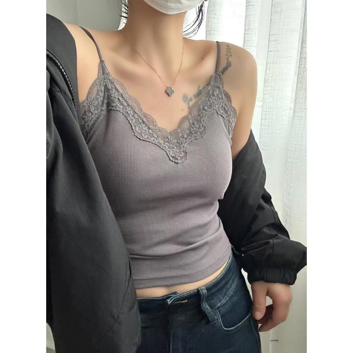 

Новая хлопковая кружевная майка с кружевной спинкой, французская нить, фиксированные чашки, присборенные женские топы с V-образным вырезом one size темно-серого