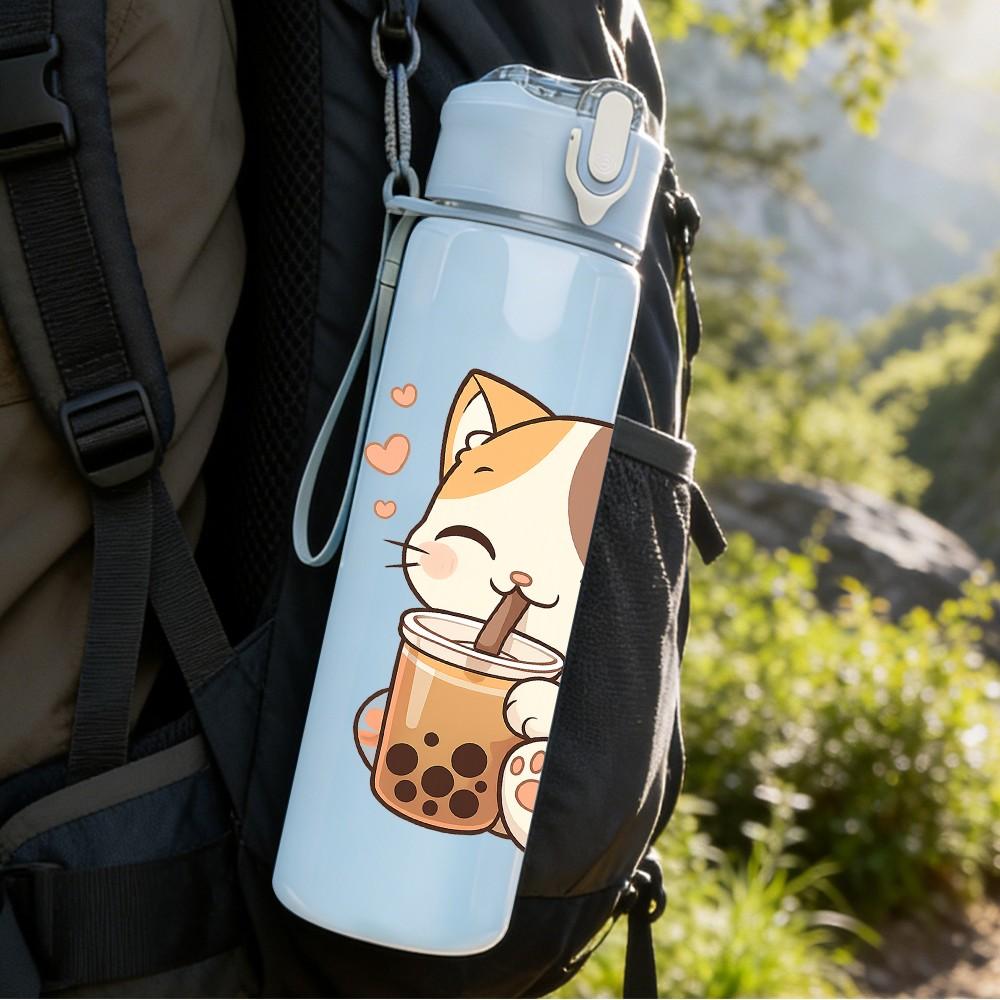 1PC Bubble Tea Calico Cat 750ml Color Plastic Sports Water Bottle Leakproof Flip Straw Lid Suitable for Sports Office Home Use