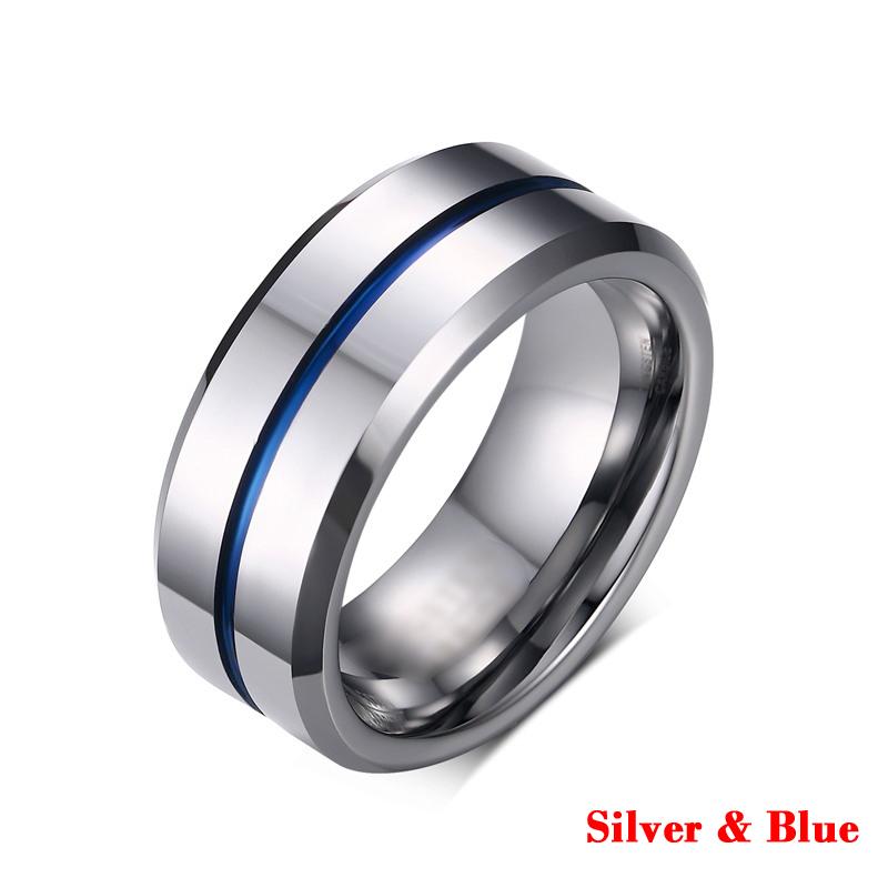 8MM Men's Stainless Steel Rings Blue Red Colorful Groove Beveled Edge Wedding Engagement Ring Men's Anniversary Jewelry