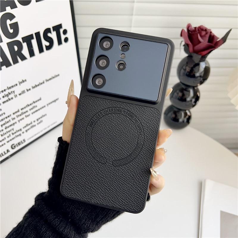 Applicable To Samsung S26Ultra Mobile Phone Case S25plus Lychee Pattern Anti-drop S24 Magnetic Suction Thin Ring Protective Case