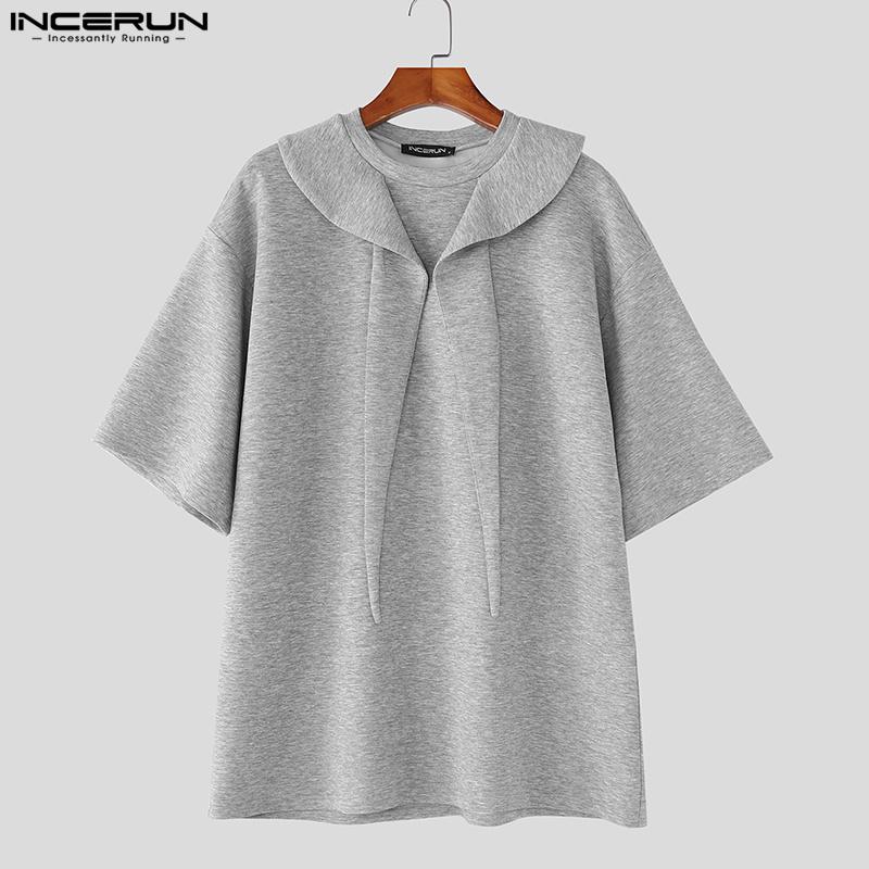 INCERUN Oversized Summer Men Tie Up Patchwork Short Sleeve Solid Casual Loose T-shirts