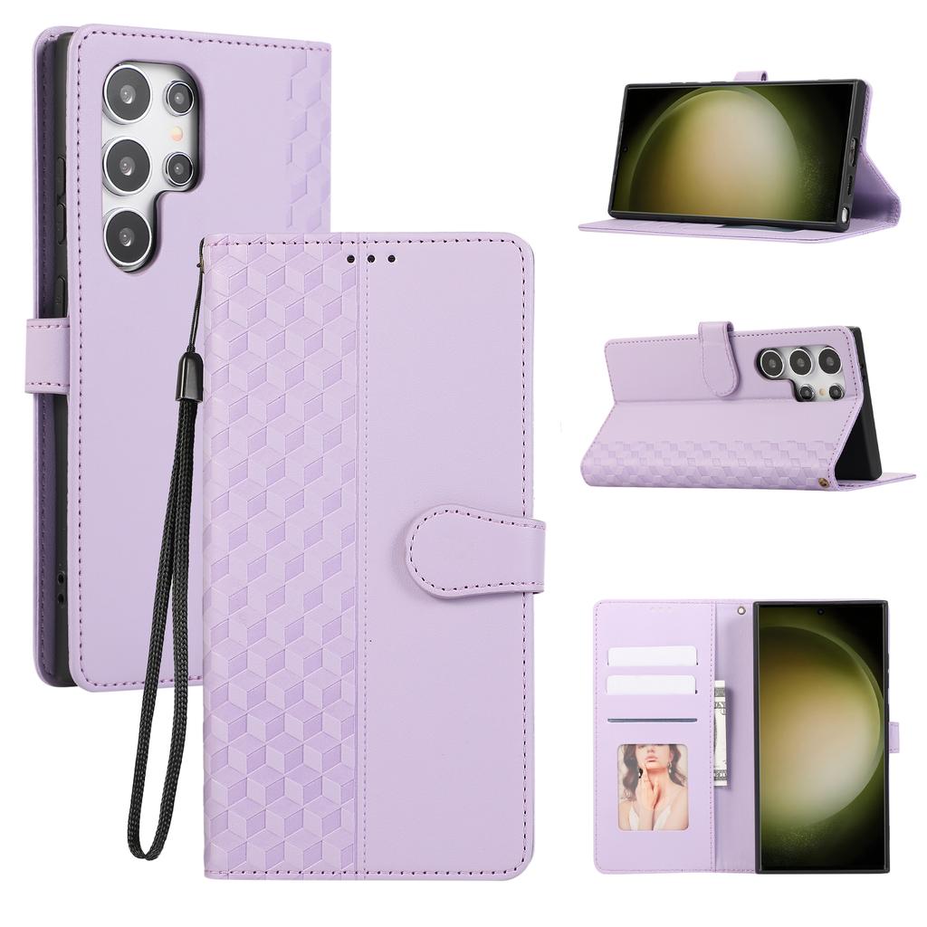 For Samsung Galaxy S25 Ultra Case 3D Rhombus Grid Imprinted Wallet Leather Phone Cover with Lanyard