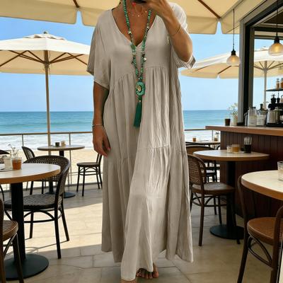 Plus Size Summer Linen Dress for Women Loose Short Sleeve V Neck Long Dress Casual Beach Flowy Sundress with Pockets
