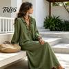 Dames lentejurken Ruches V-hals Lange jurk, Losse pasvorm Casual Midi Effen kleur Jurk Mouwen voor Herfst Vloeiend