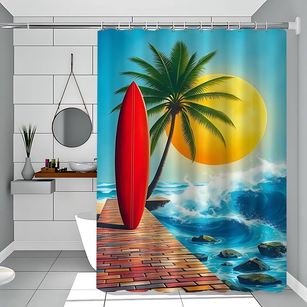 Beach Scenery Shower Curtain Bath Curtain Print Polyester Fabric Waterproof Bathroom Curtains With Hooks Bath Screen