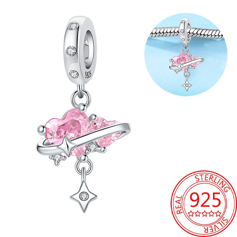 Breloque Pendentif Perles Cœur Rose Scintillant Cuivre Compatible Bracelet Original Pour Femmes Bijoux Cadeaux Saint-Valentin