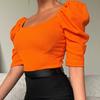 Elastic Women Top Fine Workmanship Cotton Blend Half Puff Sleeve Short T-shirt for Daily