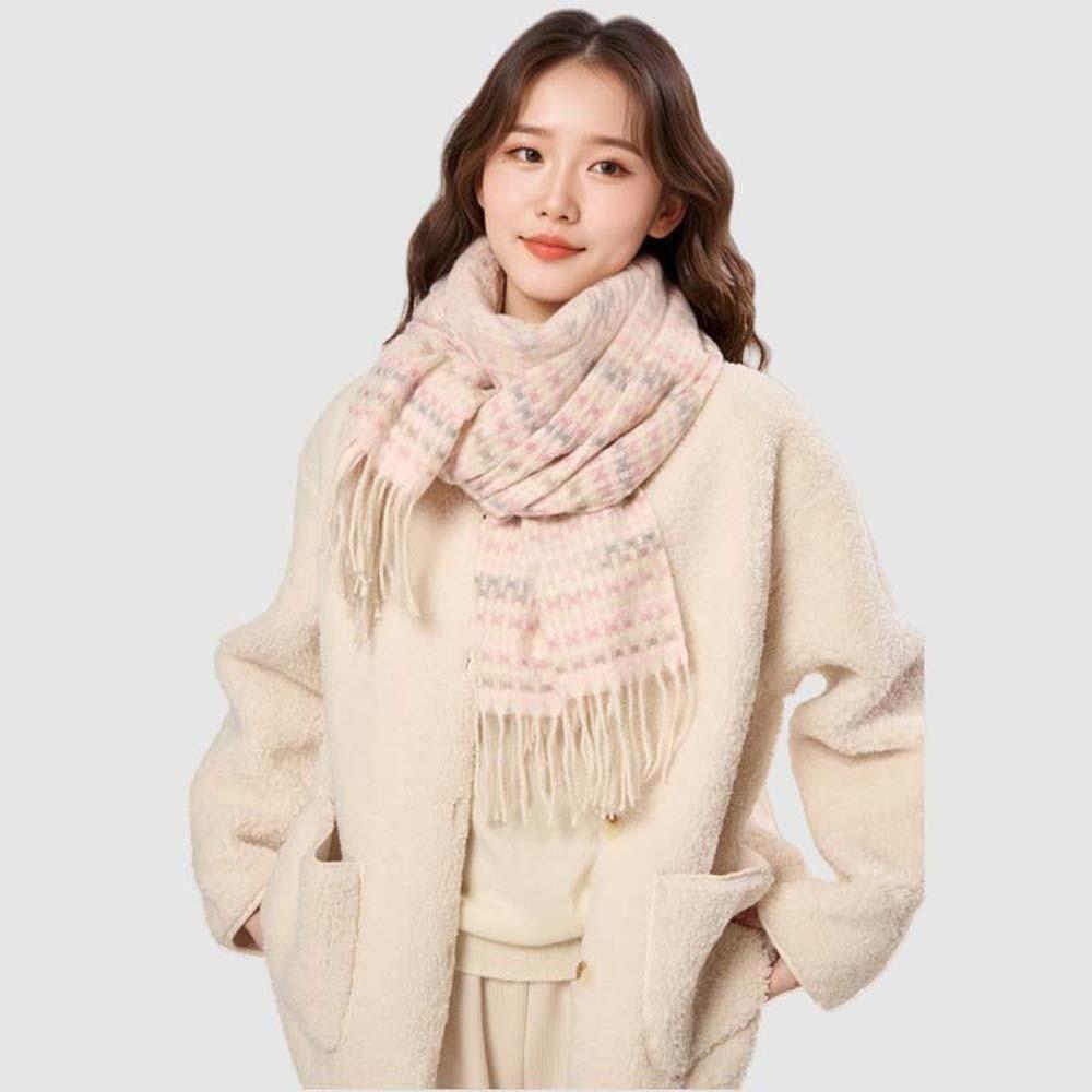 Contrast Color Dopamine Plaid Scarf Anti-cold Long Neckscarf with Tassel  Windproof