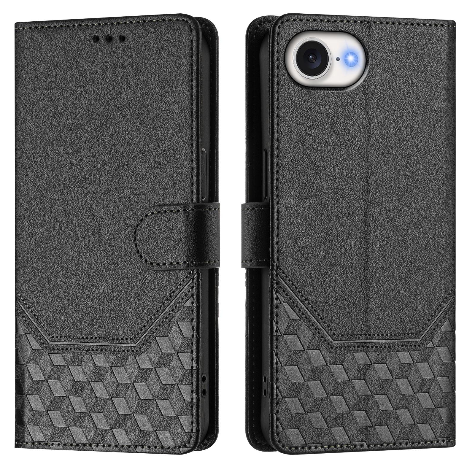 

For iPhone 16e Case Imprinted Honeycomb RFID Blocking Leather Phone Cover with Strap Black