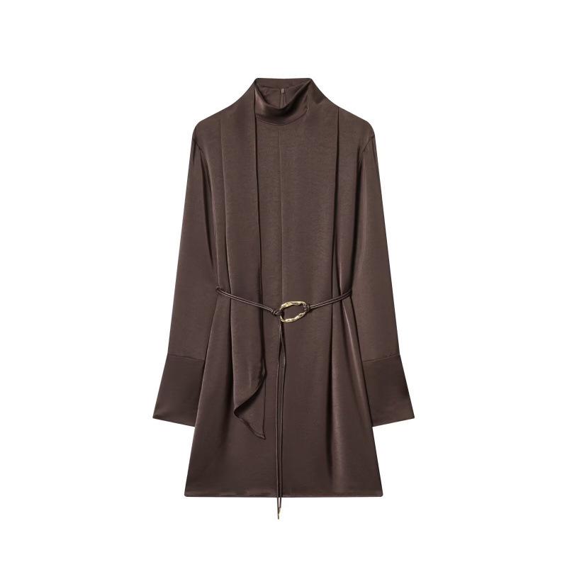 European Style Satin Dress with High Neck and Scarf Ribbon - Winter 2025 Small