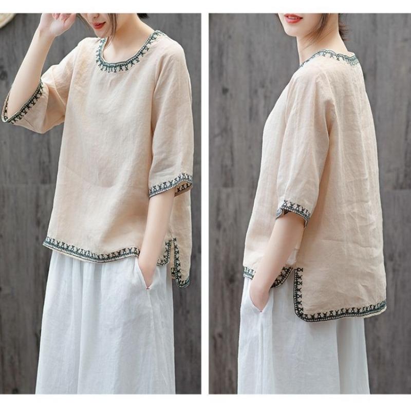Dam Sommar Rund Hals Halvärm Linne Bomullsblandning Broderad Casual Lös Passform Blus