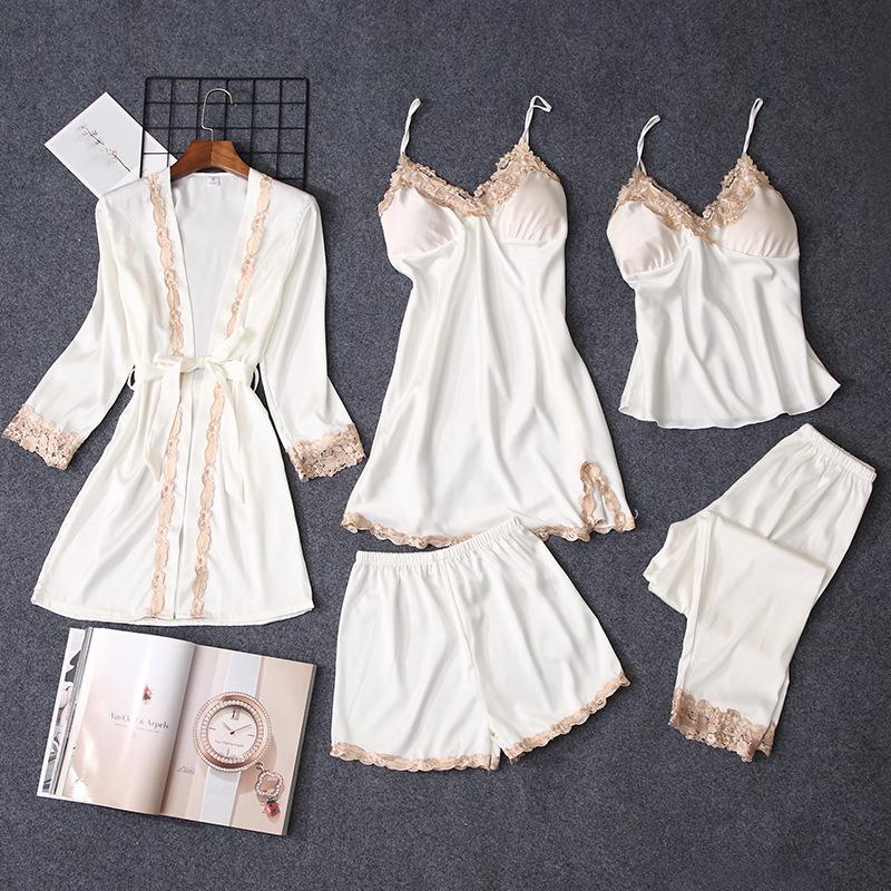 Women's Satin Chiffon Five-Piece Pajama Set: Sexy Faux Silk with Camisole, Robe, and Chest Pads for Autumn and Summer.