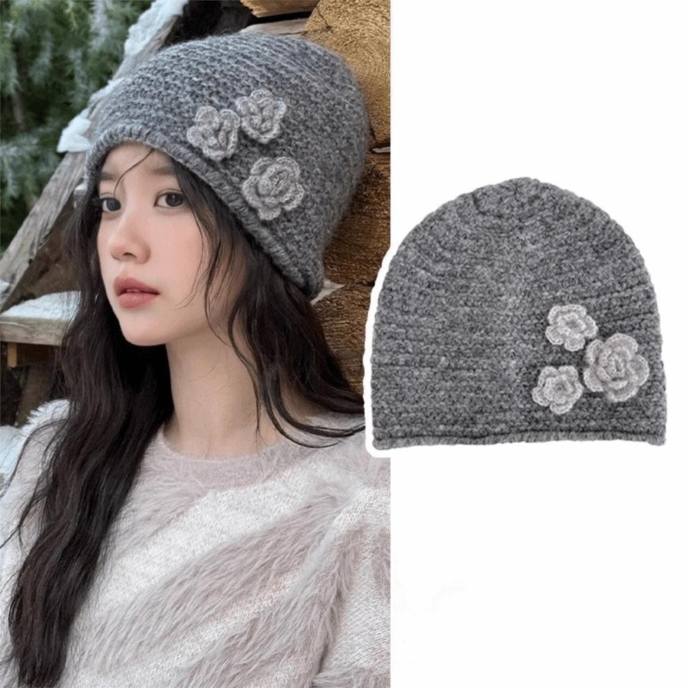 Elastic Winter Warm Hat Solid Color Flower Beanie Hat Sweet Knitted Woolen Hat Girl
