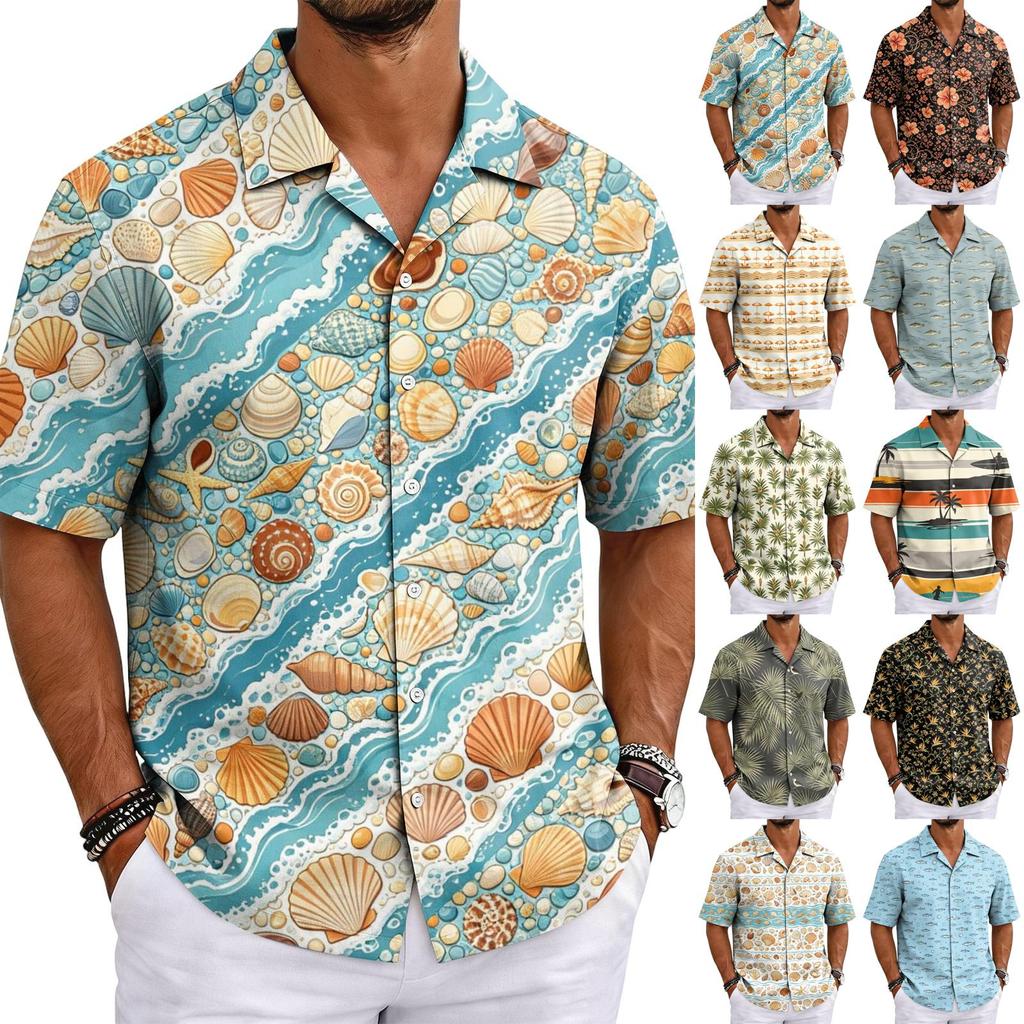 Men's Summer Hawaiian Print Cuban Collar Shirt Short Sleeve Button Down Casual Beach Shirt Lightweight Breathable Fabric