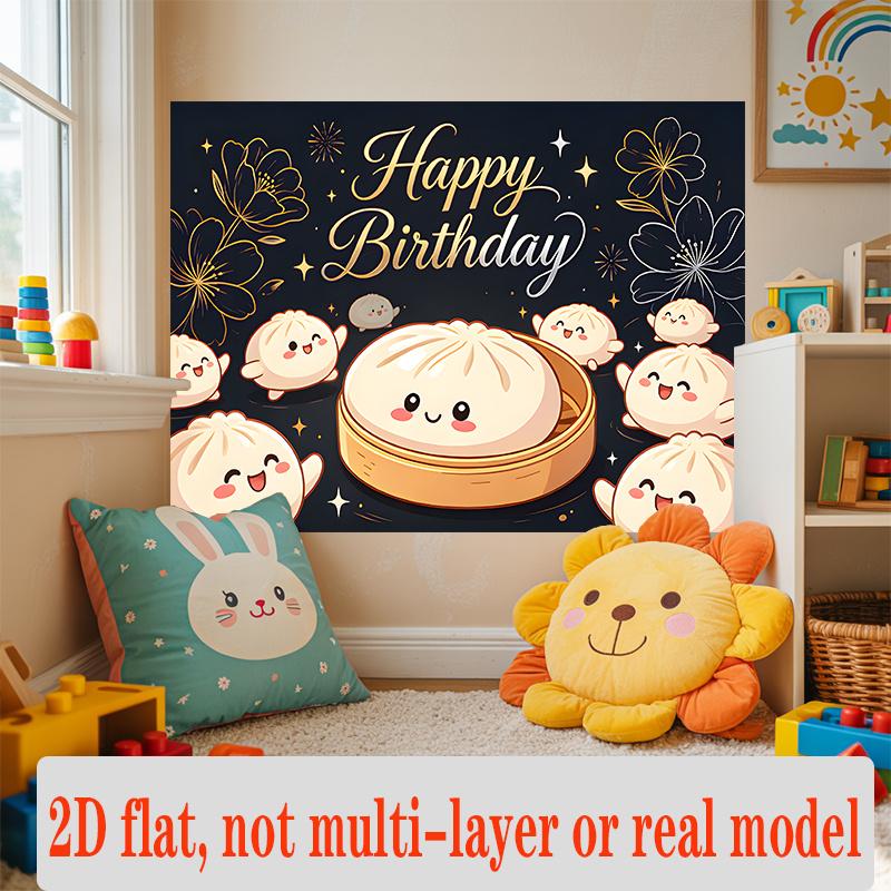 Baozi Steamed Bun Birthday Banner, Cute Dumpling Backdrop Wall Decor for Party