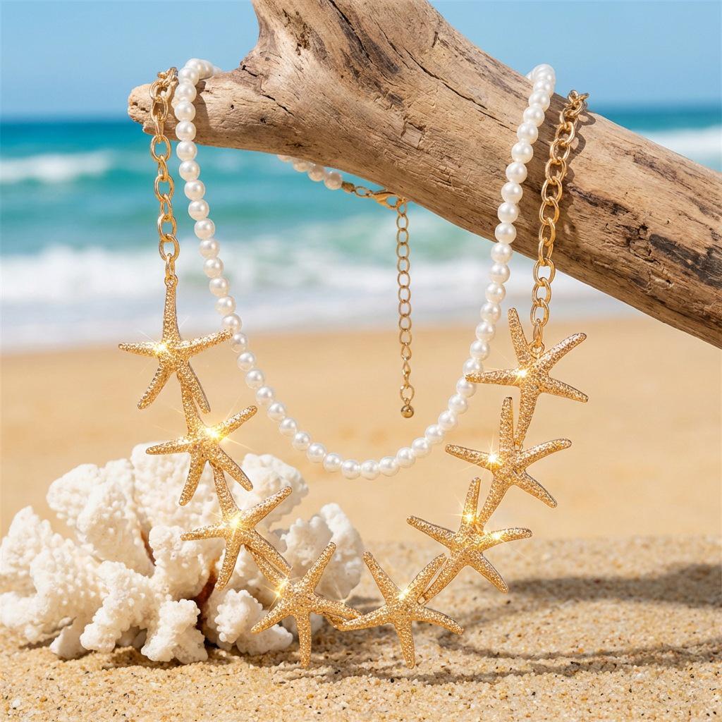 Vintage Frosted Starfish Pearl Double Layer Necklace