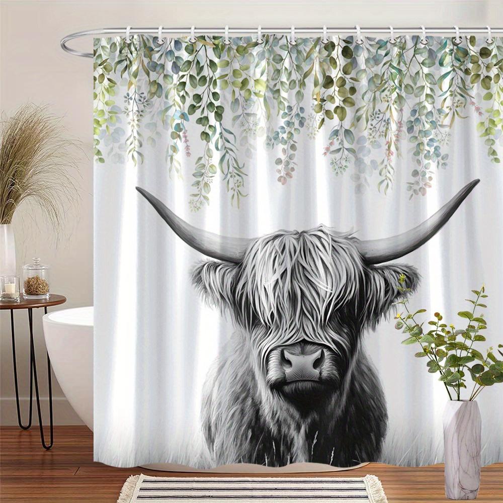 Charming Highland Cow 3D Shower Curtain - Rustic Animal & Greenery Theme for Bathroom Decor, Adds Nature's Touch