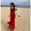 French Temperament Rose Red Suspender Dress Heavy Industry Ruffle and Ankle Dress Vacation Travel Wear