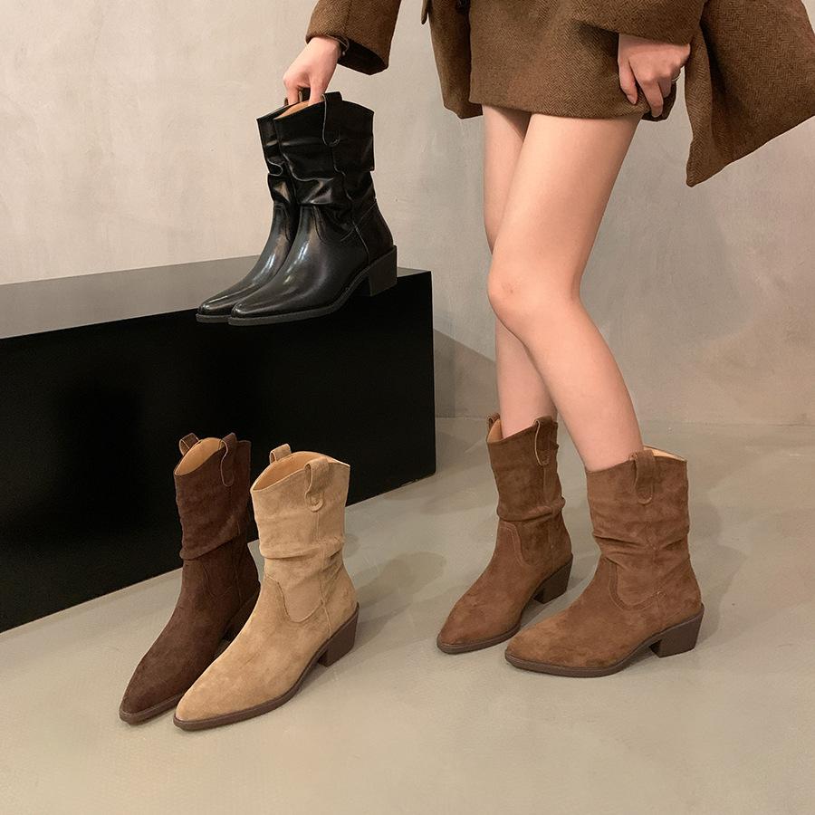 Thick Heel Retro Pointed Mid Boots Knight Boots Women's 2025 New Autumn and Winter Stacking Short Boots Suede Martin Boots