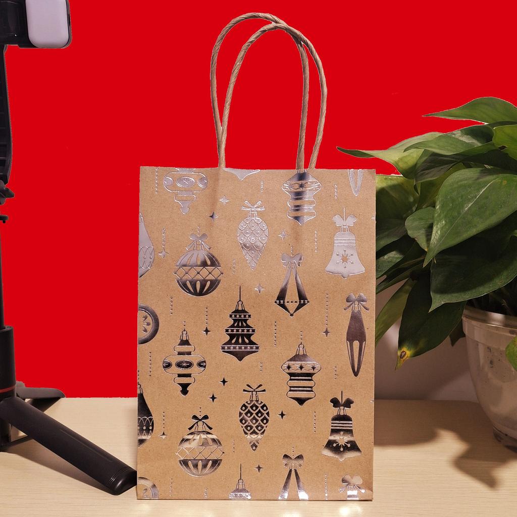 StoBag Christmas Kraft Paper Gift Bags Metallic Print Gift Wrapping Bags Paper Shopping Bags for Sweets Holiday Candy Treat