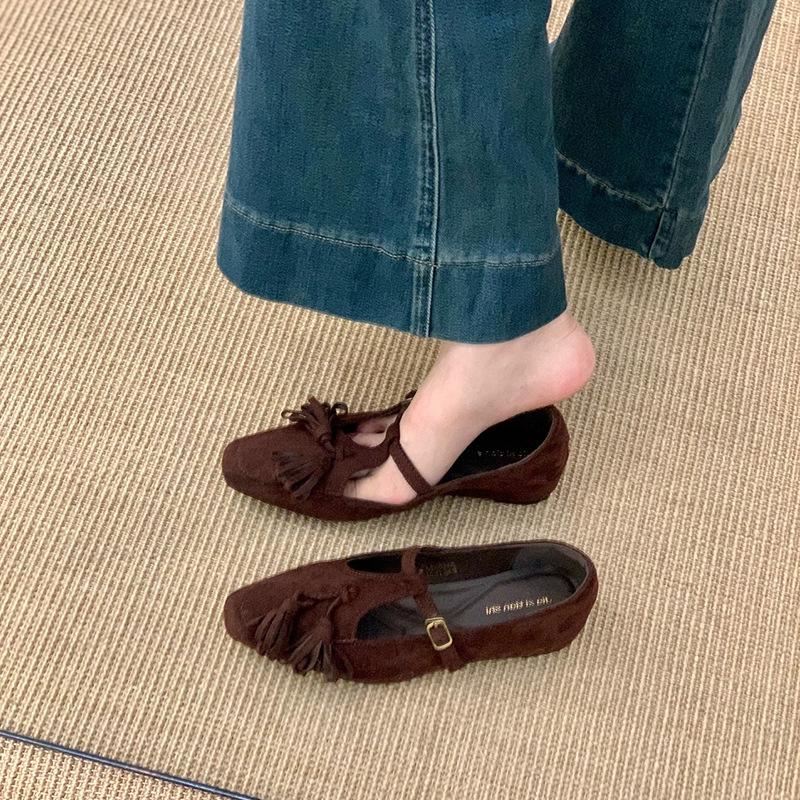 

Retro niche design flat-bottomed suede fringed Mary Jane shoes 2025 new French inner height-increasing single shoes women s shoes 40