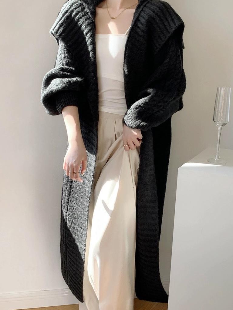 Oversized Chunky Knit Cardigan with Wide Collar - Lazy Style Casual Long Coat