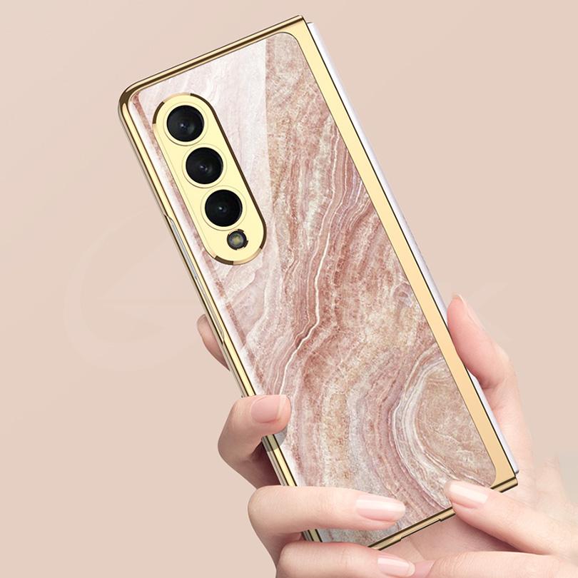 Luxury Plating Frame Case For Samsung Galaxy Z Fold 4 5G Painted Pattern Tempered Glass Hard Cover For Galaxy Z Fold5 4 3 Case